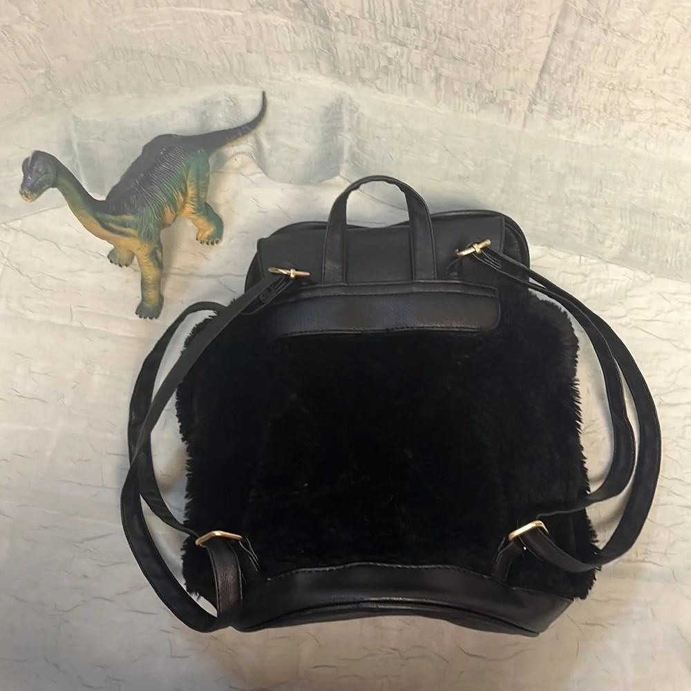 Black Faux Fur Mini Heart Backpack With Faux Leather Heart Flap and Pulls